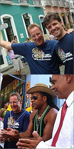 Jaap Kuiper e Marcelo Abreu apresentam as novas cores. Abaixo, Jaap, o prefeito de Salvador, Jo�o Henrique, e Carlinhos Brown sa�dam a pintura